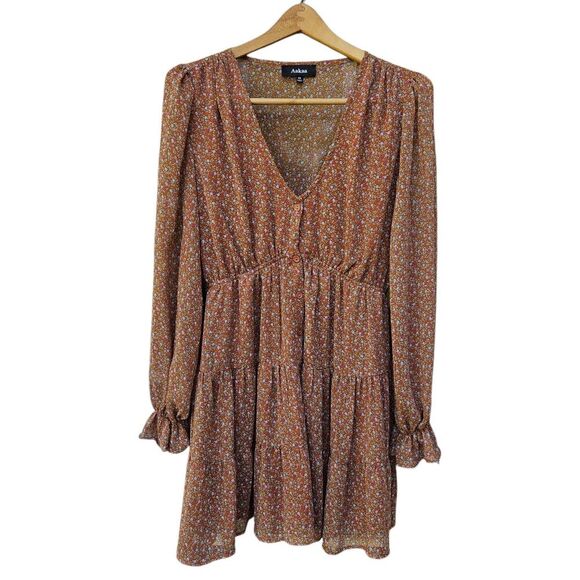 Aakaa Ditsy Floral Rust Tiered Button Down Front Mini Dress Size Medium Boho - Picture 1 of 11